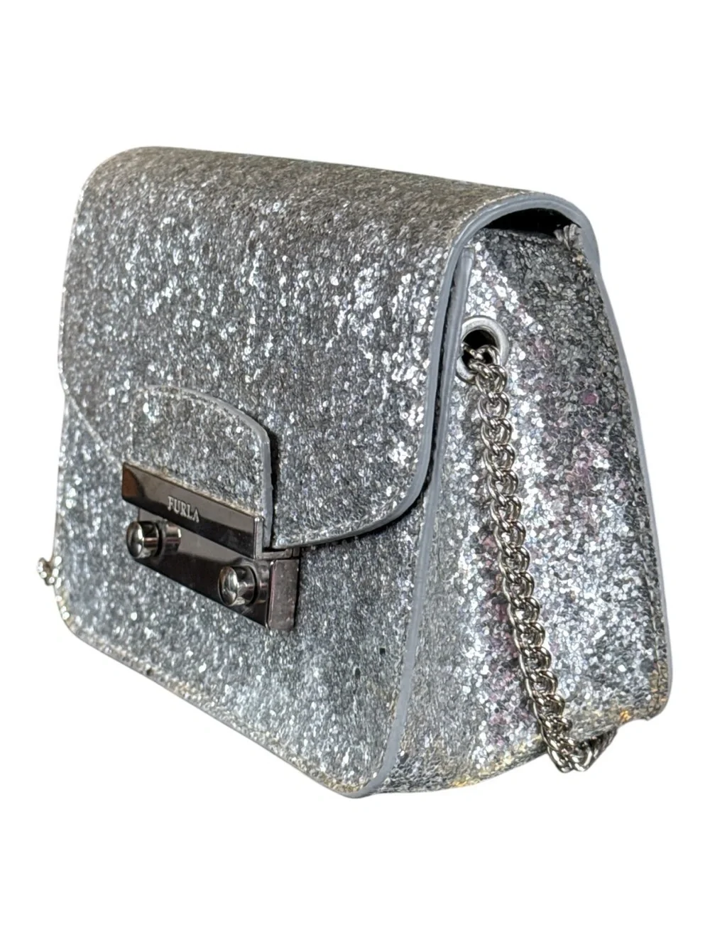 FURLA Metropolis Silver Glitter Mini Crossbody Bag